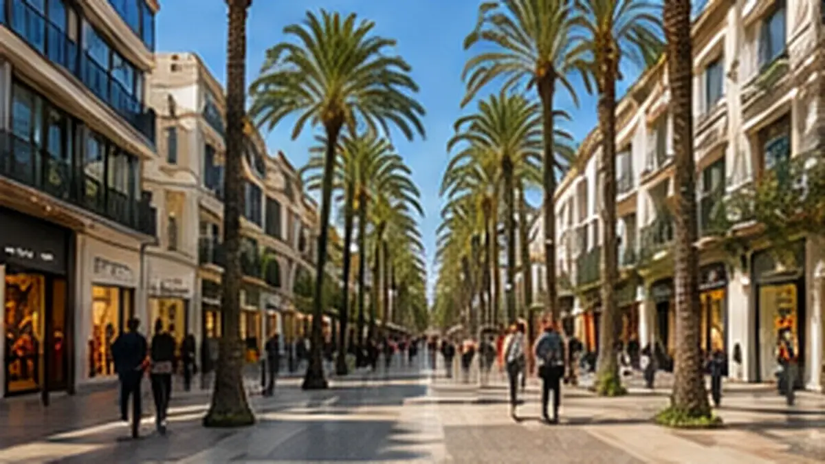 Illustrativ shoppinggata med palmer i Alicante