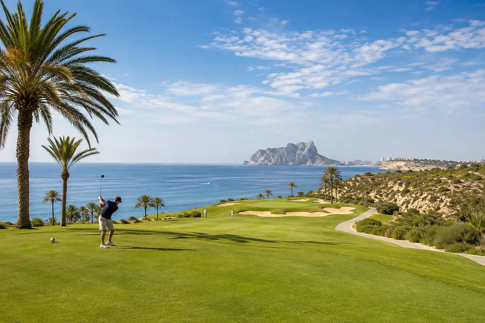 Golfbana vid havet nära Alicante med palmer och berg i bakgrunden