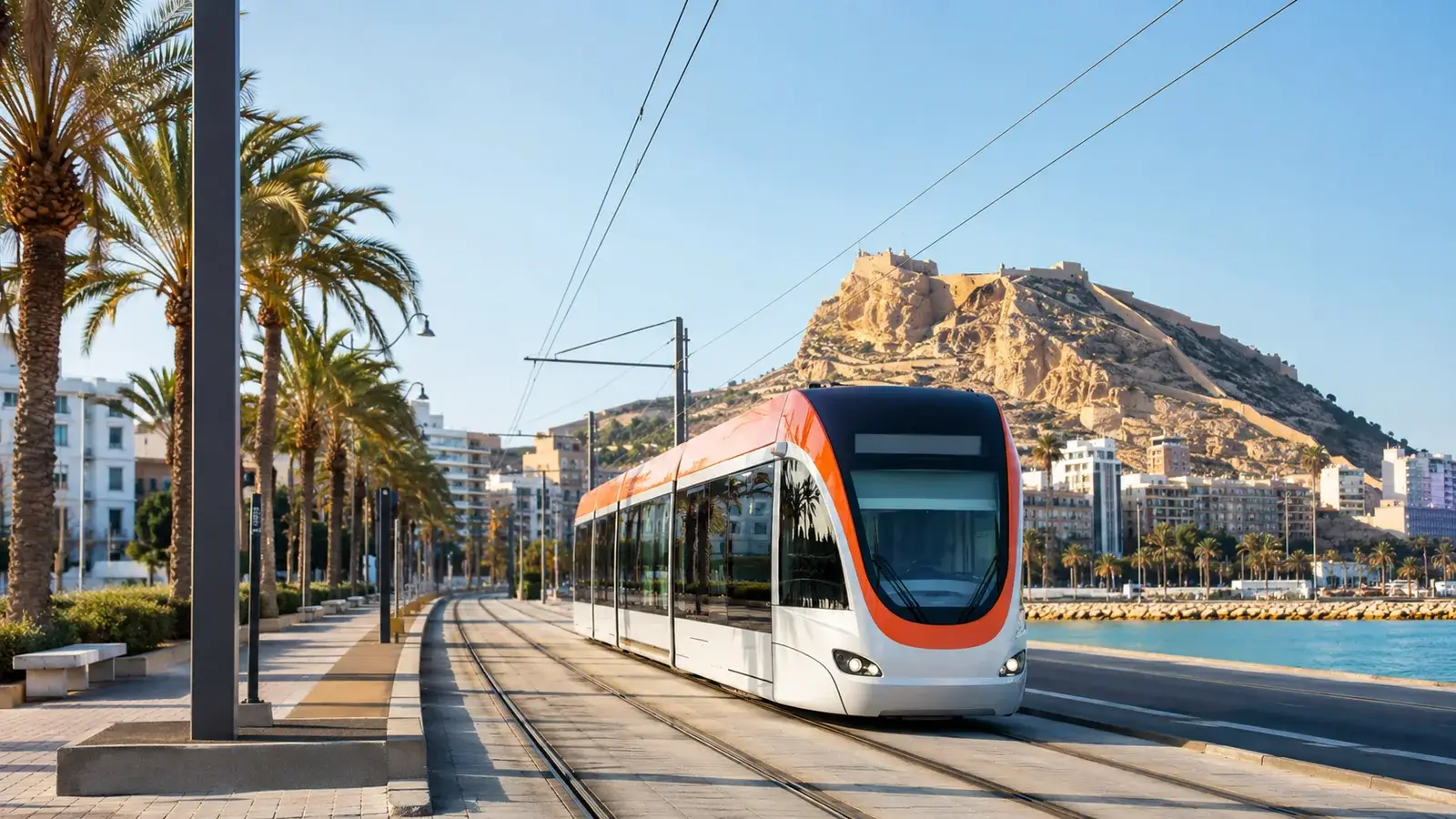 Spårvagn och kollektivtrafik i Alicante med Santa Bárbara i bakgrunden