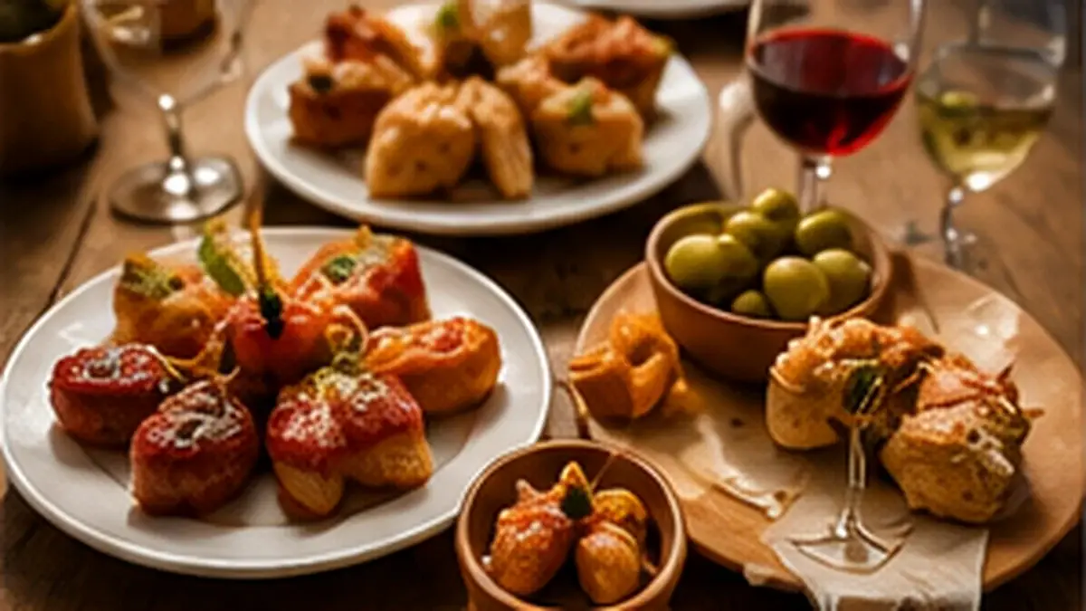 Illustrativ bild av tapas och vin i spansk restaurangmiljö