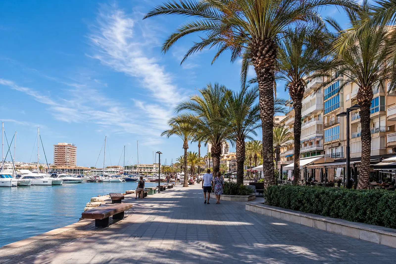 Palmkantad strandpromenad och småbåtshamn i Torrevieja