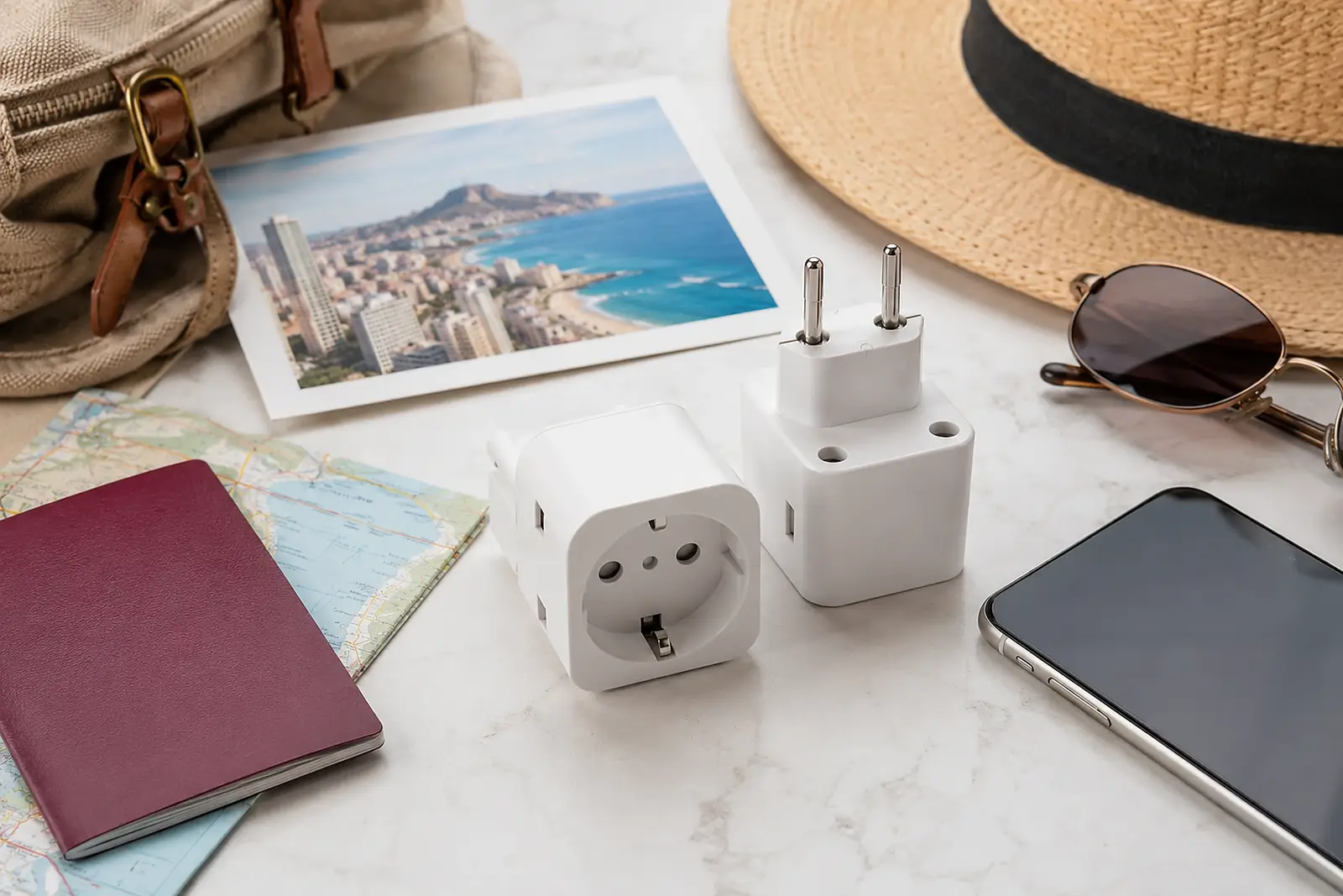 Reseprylar med adapter, mobil och pass inför resa till Alicante