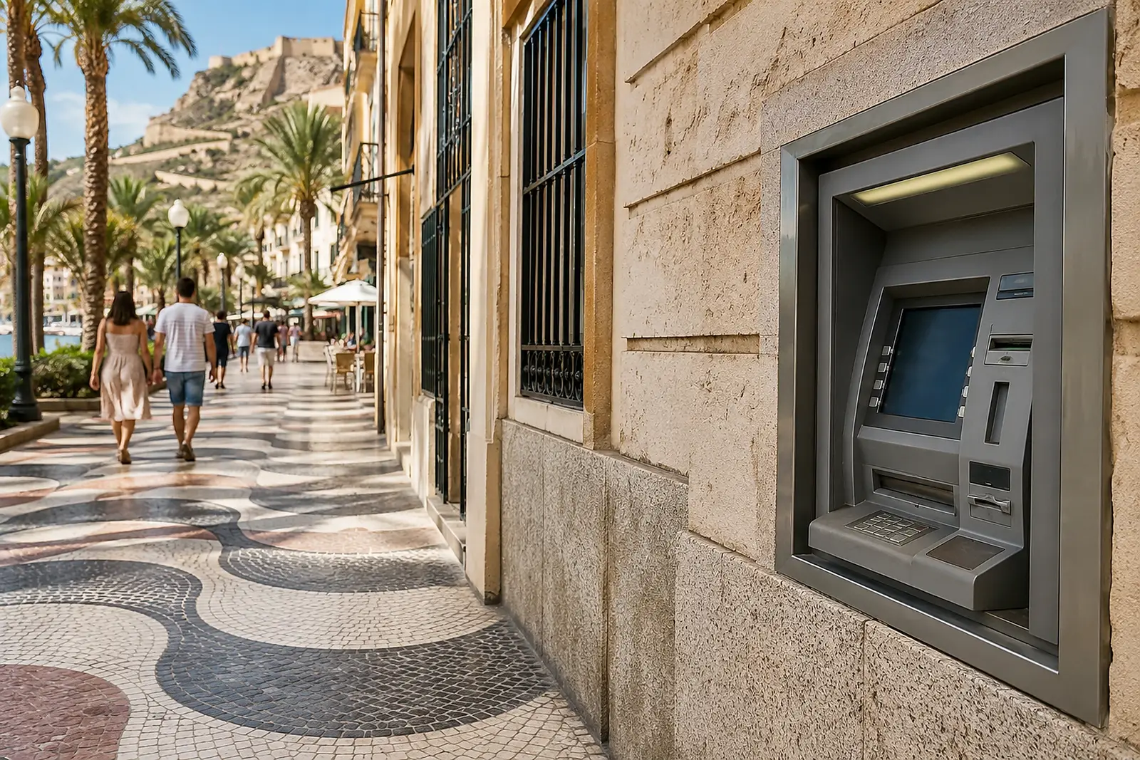 Uttagsautomat vid solig promenad i Alicante