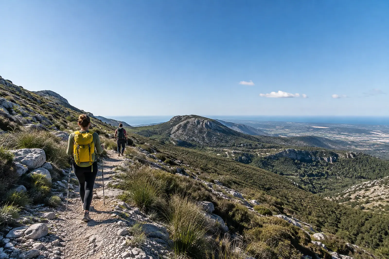 Vandrare på bergsstig med utsikt över landskap och hav nära Alicante