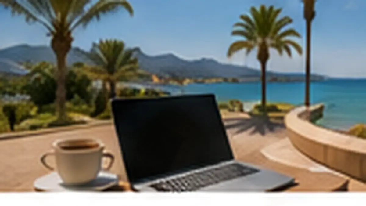 Laptop och arbetsplats med utsikt mot Medelhavet